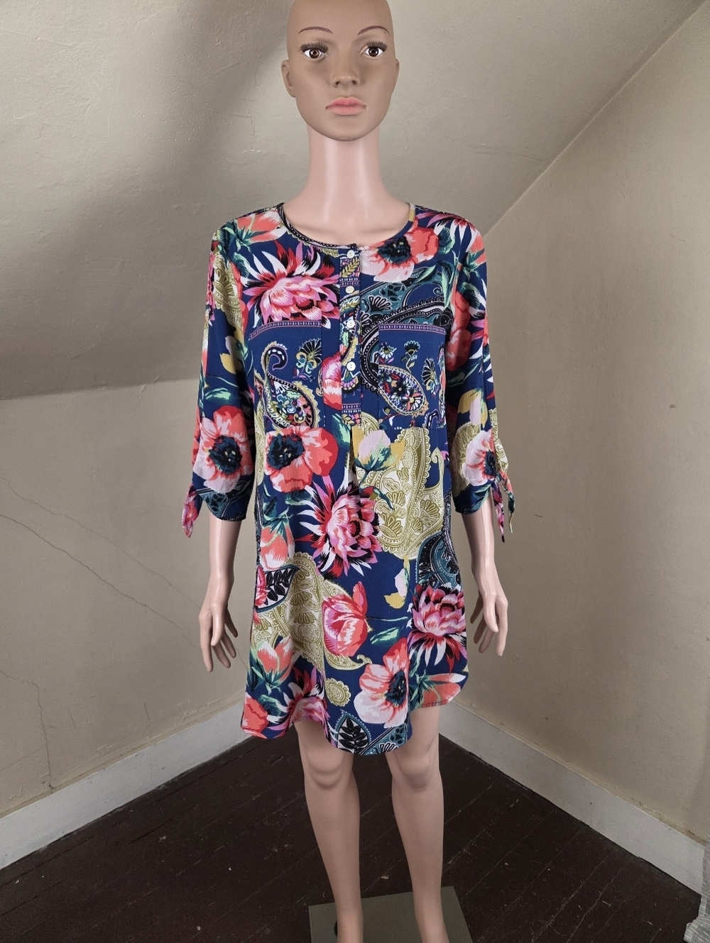 Fig and Flower Floral Paisley Tunic Dress Size M Blue 3/4 Sleeve Tie Cuff Boho